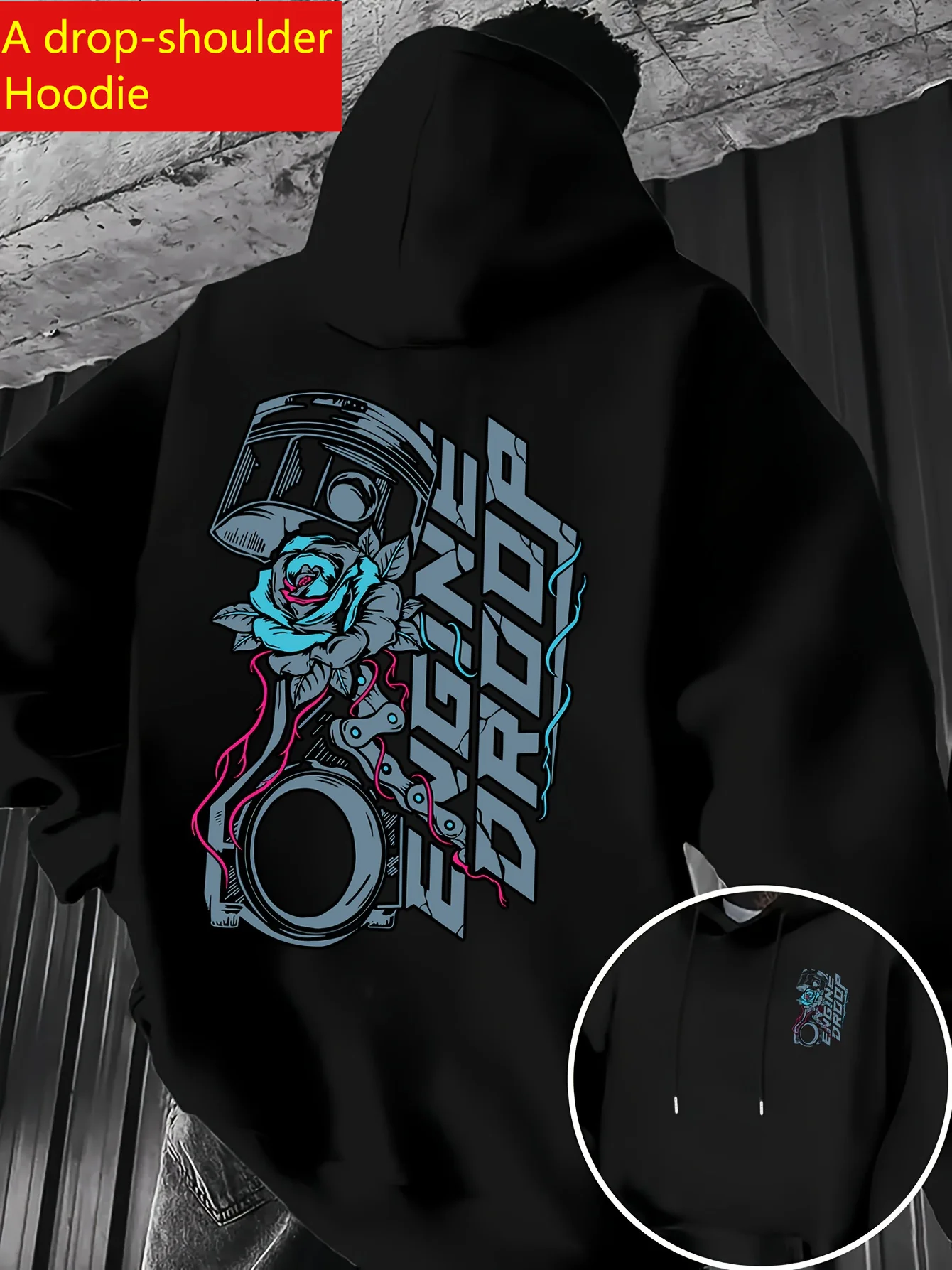 Men's Drop Shoulder Hoodie Autumn Winter Fleece Engine Piston Spark Rose Letter Print Double Side Casual Pullover Sweatshirt