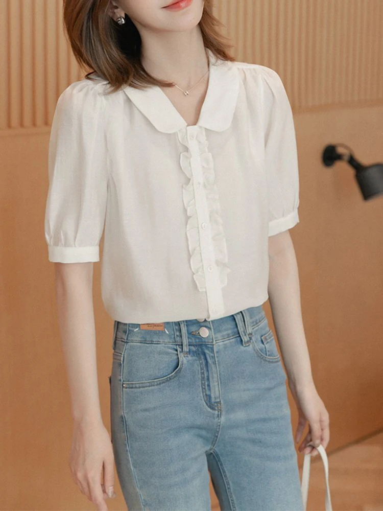 

Pure Color Polyester Short Sleeve Doll Collar Women's Shirt Versatile Chiffon Top Spring Autumn Summer Fashionable Blouse