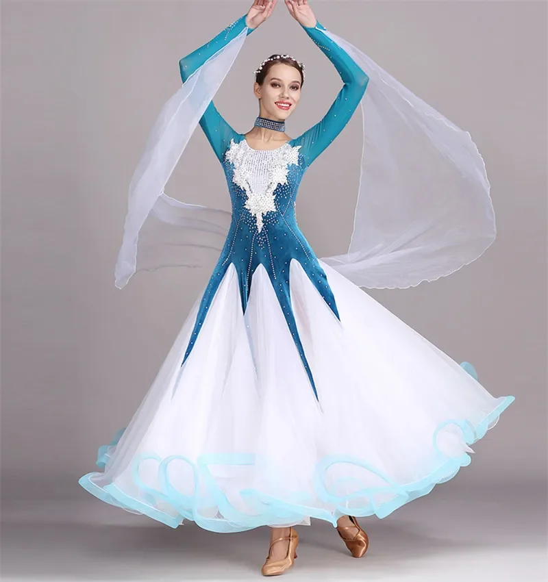 ชุดเต้นรำบอลรูมแบบเย็บติดผ้ากำมะหยี่ ชุดเต้นรำมาตรฐาน ชุดเต้นรำสมัยใหม่ ชุดเต้นรำวอลซ์ ชุดเรืองแสง