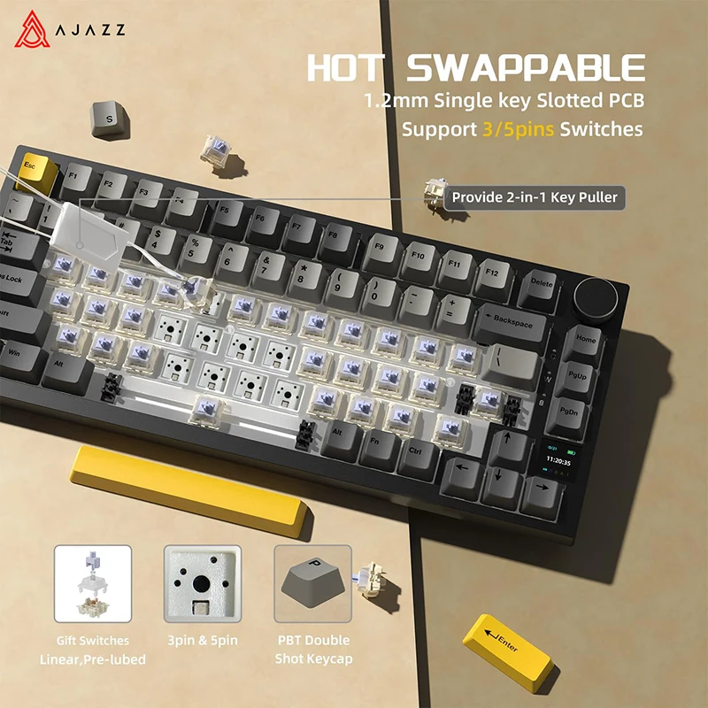 AJAZZ AK820 / AK820PRO TKL Gaming Mechanical Keyboard 75% 82 Keys Gasket Hot Swap Wired Bluetooth Wireless Keyboard for Mac/Win