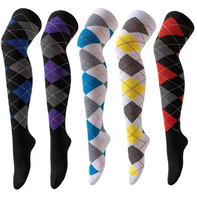 New Vintage Style Women's Socks Diamond Plaid Over Knee Socks Student Casual Stockings Non Slip Durable Party Dance Socks