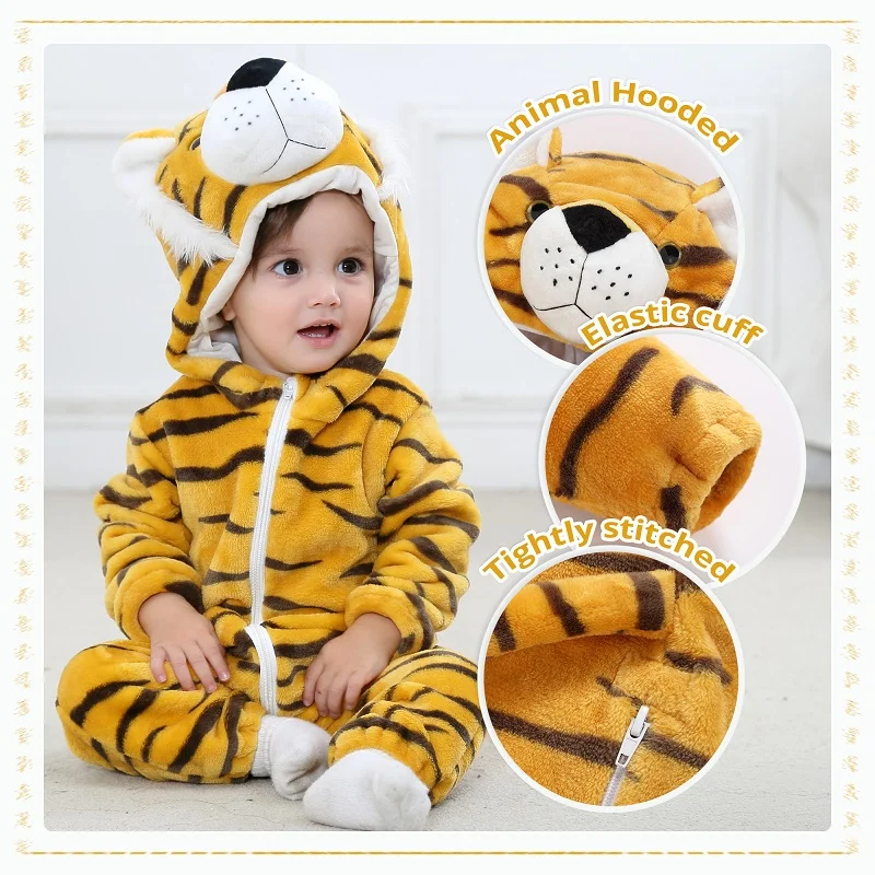 MICHLEY Halloween Tiger Costume Baby Rompers Winter Flannel Toddler Clothes Bodysuits Pajamas Hooded For Boys Girl Newborn Gifts