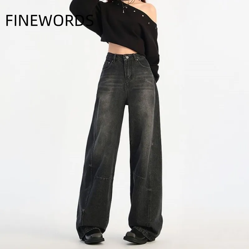 FINEWORDS High Waist Wide Leg Gray Jeans Women Korean Baggy Jeans Highstreet Streetwear Punk Easymatch Casual Retro Jeans