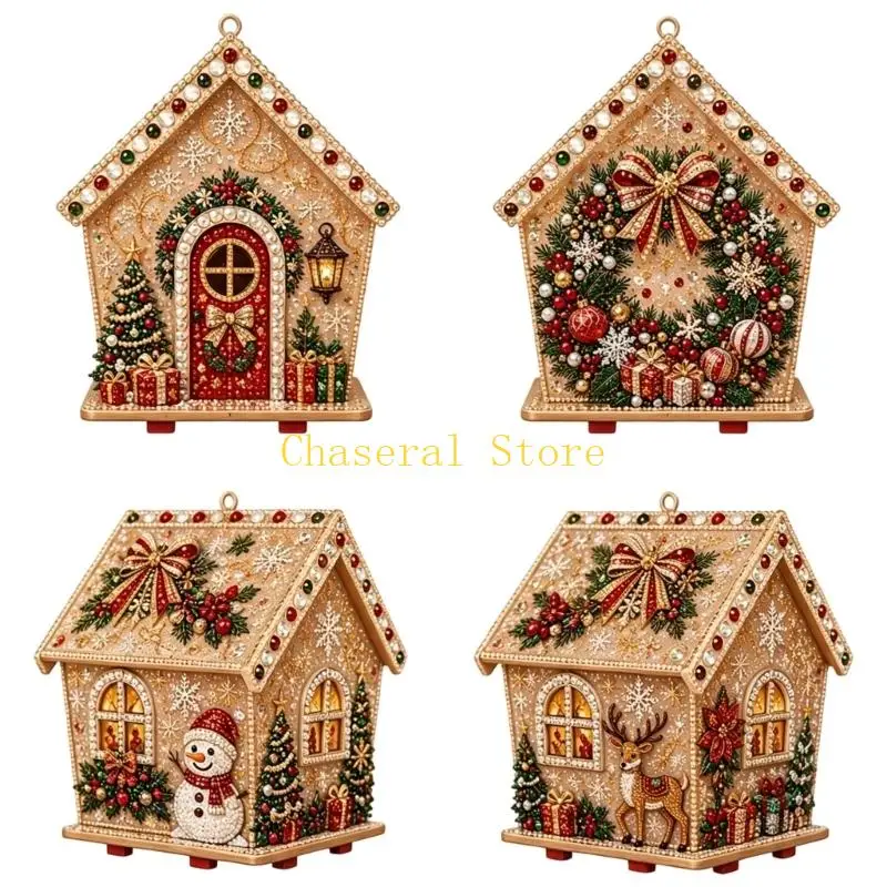 E7CE DIY Seasonal Indoor Christmas Ornament Craft Set, Holiday Cottage Jewels Activity with Wooden Base for Family and Classroom