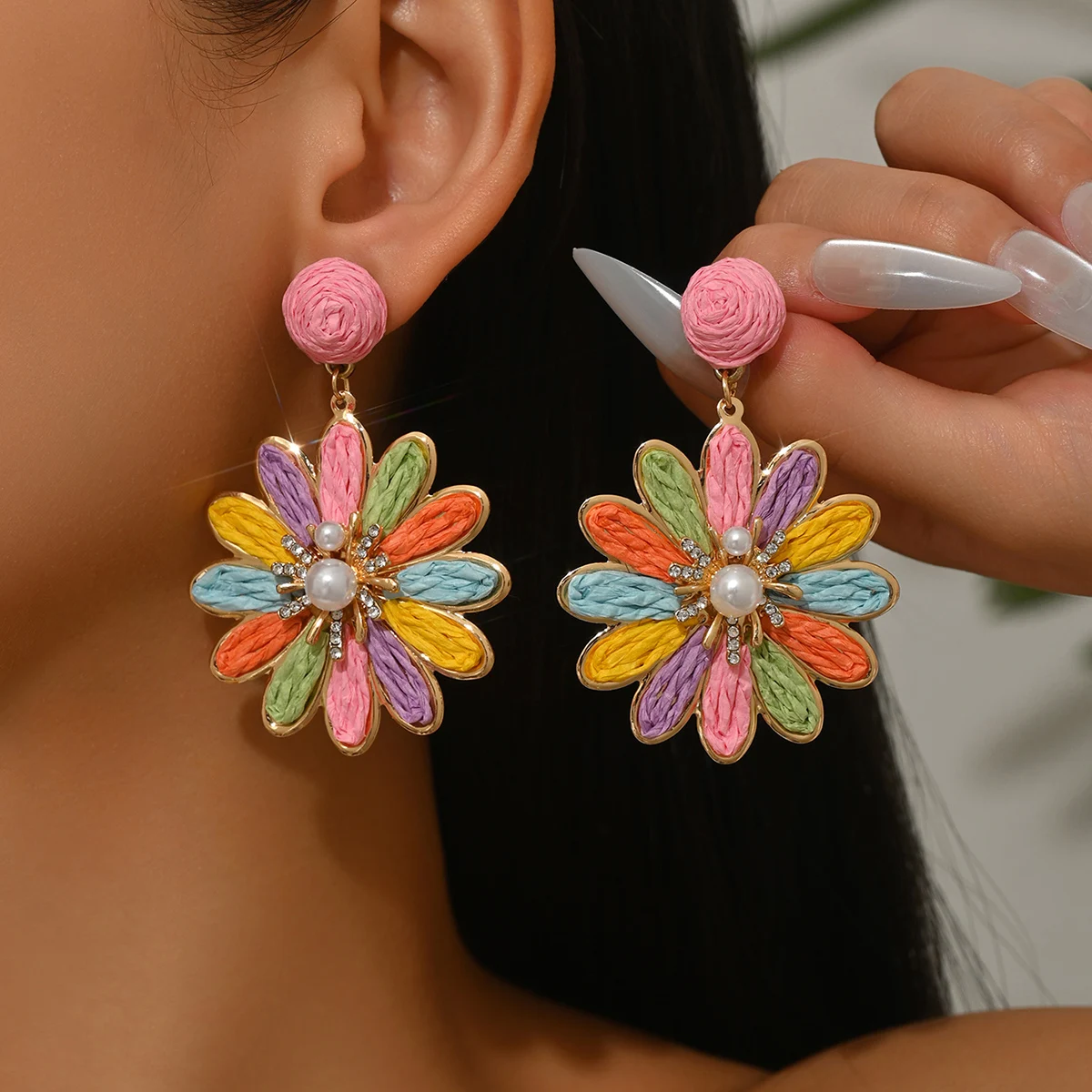 Bohemia Stylish Colorful Raffia Flower Earrings for Women Girls Elegant Sweet Handmade Rattan Knit Earrings Summer Jewelry Gifts