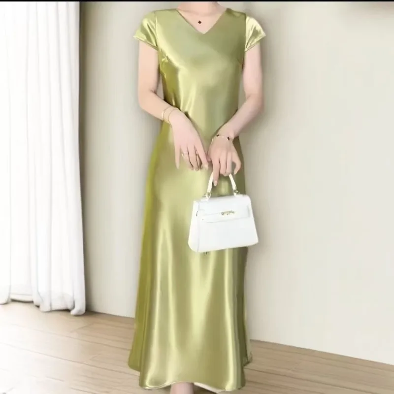 Robe en Satin nacré à manches courtes, robe d'été fine en Satin doré, queue de poisson française