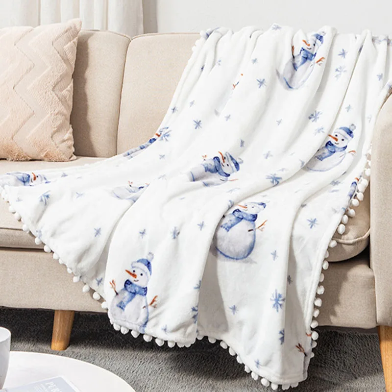 Christmas Double-Sided Printed Flannel Blanket Fluffy Plush Blanket with Ball for Autumn Winter Multi-Functional Shawl Cushion