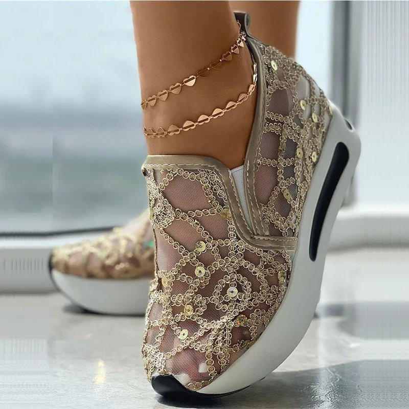 Ladies Platform Wedges For Women Sneakers Floral Embroidery Mesh Thick Bottom Slip On Organza Lace Gladiator Vulcanized Shoes