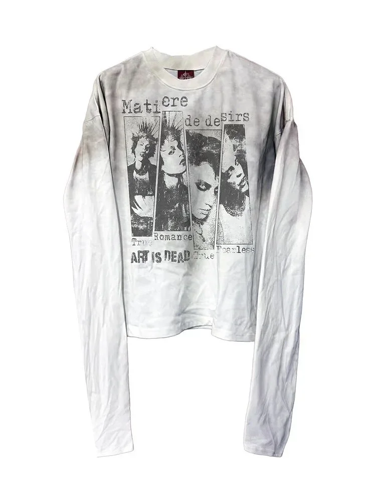 

Футболка с длинным рукавом в стиле японской субкультуры с принтом гитары и портрета в грязном стиле, Y2K, унисекс, хип-хоп, готика, свободный крой, повседневная одежда