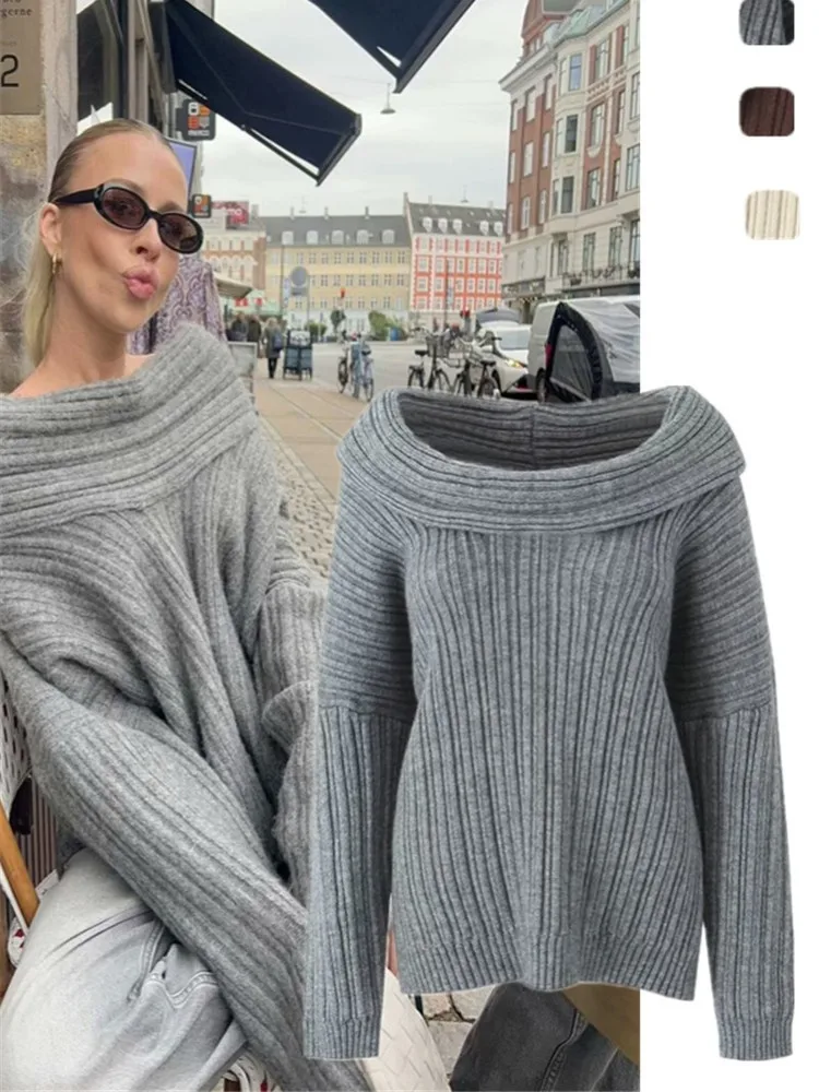 

Spicy Girl High Collar One Shoulder Sweater Stylish Design Lazy Style Retro Pure Desire Slimming Top Ins Street Style