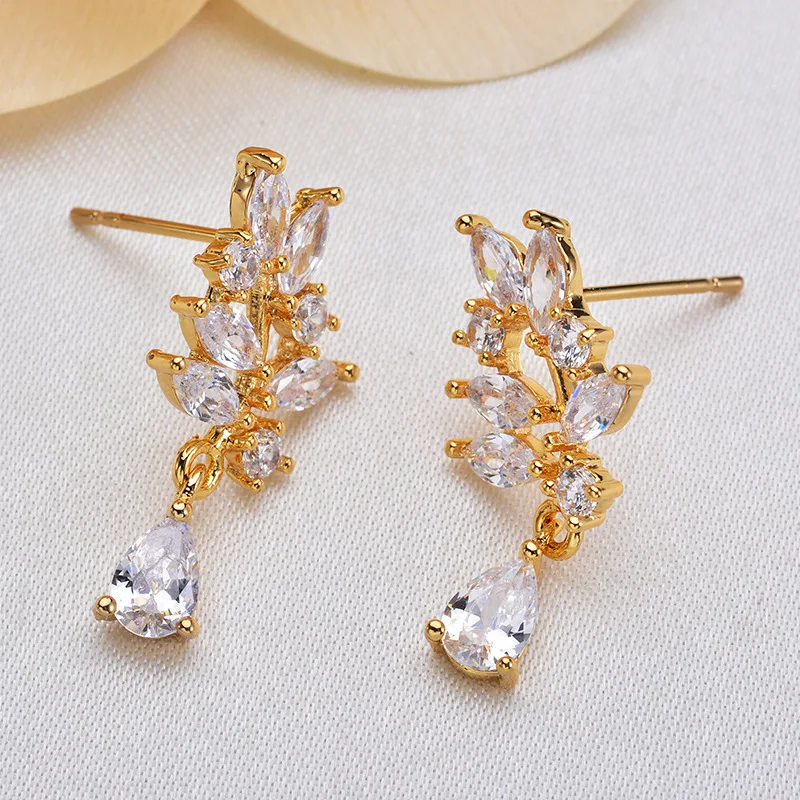 Color Retention Real Gold Plated Copper Zircon Flower Drop Earrings DIY Jewelry Making Findings Accessories