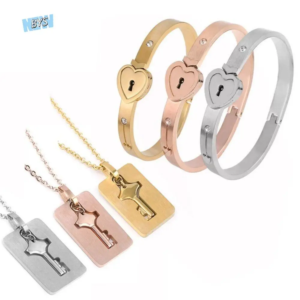 

Stainless Steel Couple Jewelry Bracelet Lock and Key Matching Heart Lock Bracelets Metal Bangles Gold Silver