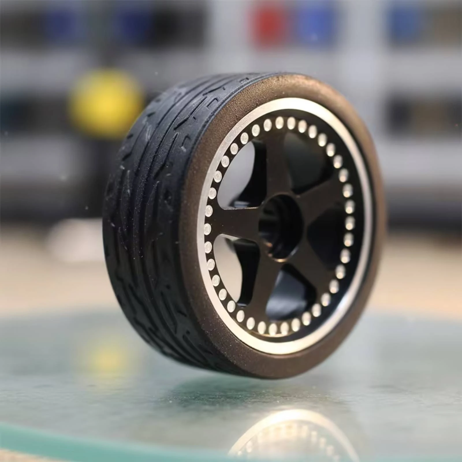 4 Pieces Micro RC Wheels and Tires Multi-Spoke RC Car Wheel and Tire Assemblies Pre-Mounted Tire and Wheel Set Treaded Rubber