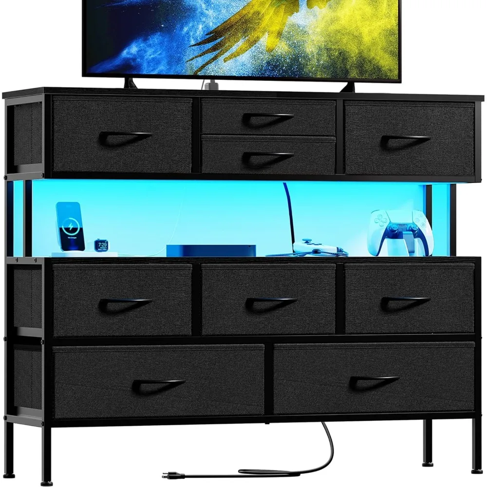 

Dresser TV Stand with Charging Station and LED Lights, 55” TV Stand with 9 Drawers, Fabric Dresser for Bedroom, Steel Frame