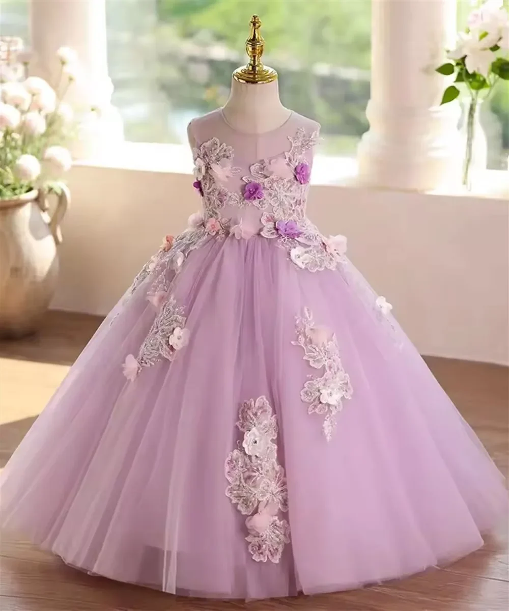 

Элегантное сиреневое платье с цветочной аппликацией для девочек, длинное кружевное детское платье принцессы с блестками на свадьбу, день рождения
