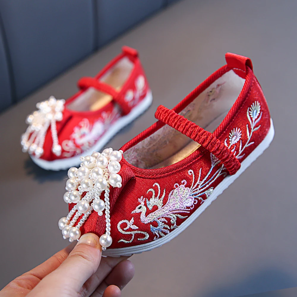 Baby Girls 2024 New Embroidered Shoes Ancient Dress Cheongsam Shoes Jade Beads Hanfu Shoes Performance Shoes