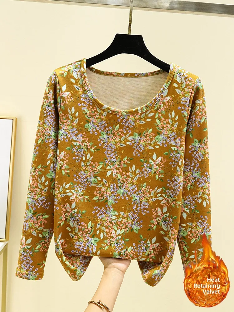 Thickened Fleece Warm Top round Neck Floral Print Underwear Large Size Winter Base Shirt for Middle-Aged And Elderly People