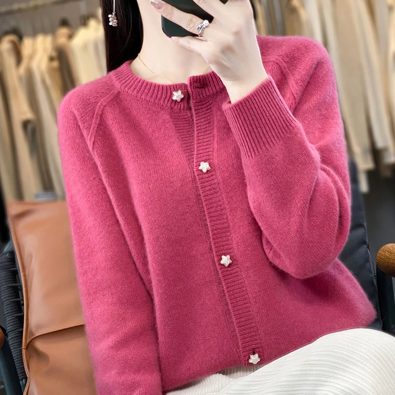 Women\'s Autumn And Winter Sweater Round Neck Basic Casual Loose Sweater 100% Pure Wool Long Sleeve Cardigan Korean Pop Top-D128