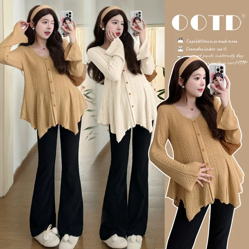 2026 New Autumn Maternity 2 Piece Outfit Stylish Irregular Design Knit & Flared Belly Support Pants Fashion Pregnancy Clothing
