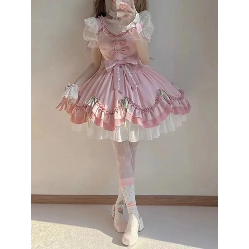 Sweet Pink Dress Women Clothes Lolita Style Japanese Cute Robe Femme 2025 Vestidos De Mujer Bow Folds A-line Cute Summer Dresses