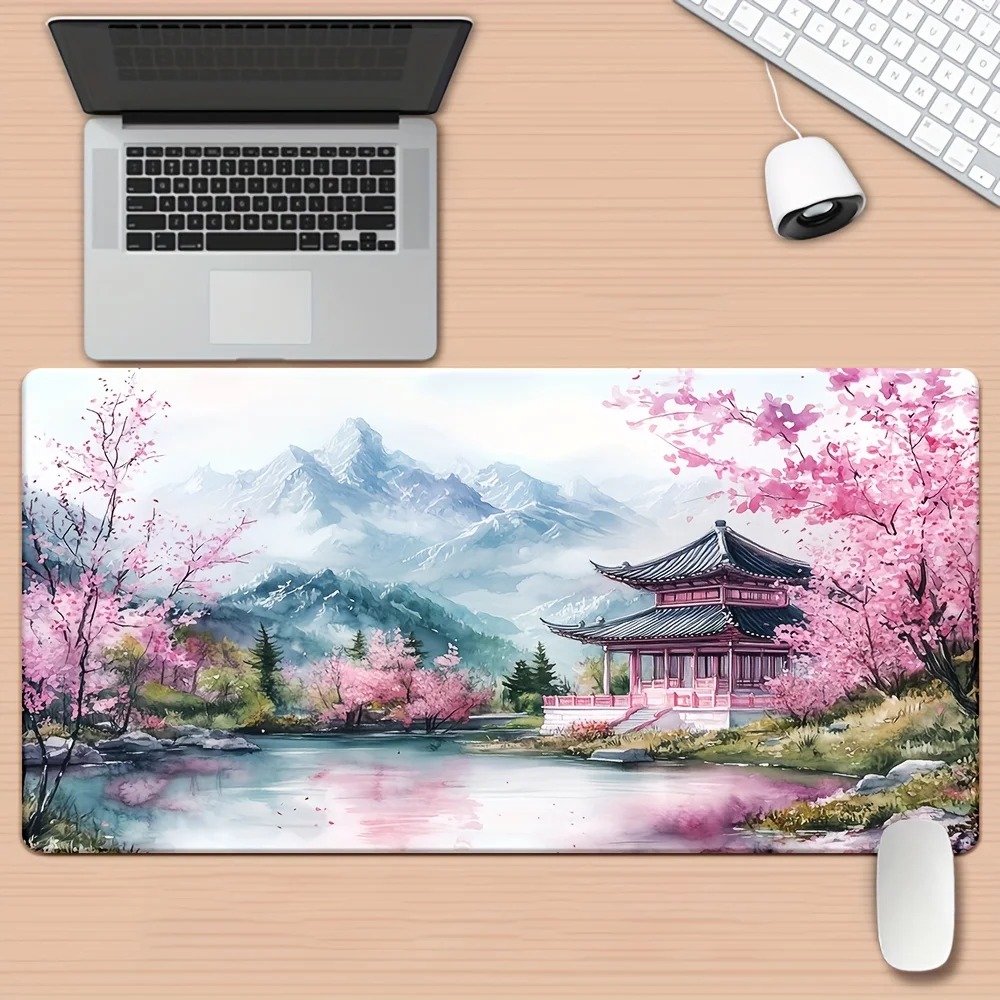 Watercolor Cherry Blossom Gaming Mouse Pad,Large Non-Slip Desk Mat with Traditional Pavilion Print for Gamers & Cozy Home Office