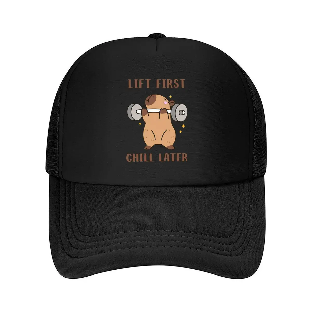 Life First Chill Later Capybara Weightlifting Dumbbells Mesh Baseball Cap Hip Hop