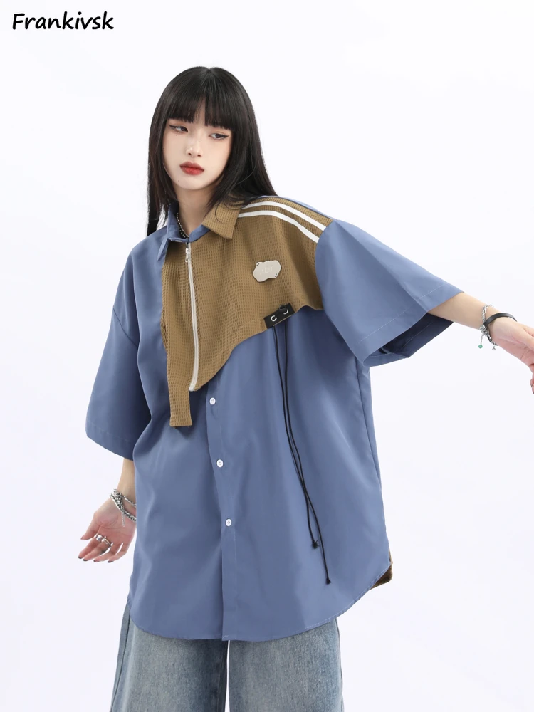 Patchwork Shirts Women Baggy Personality Hip Hop Schoolgirl Half Sleeve Popular All-match Summer Leisure Advanced Breathable