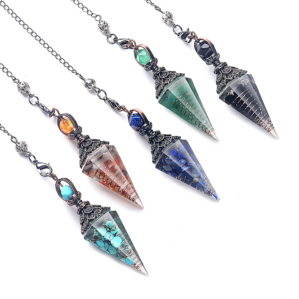 Natural Stones Pendulum for Dowsing Divination 7 Chakra Resin Crystal Hexagonal Column Cone Spirit Pendant Reiki Pendule