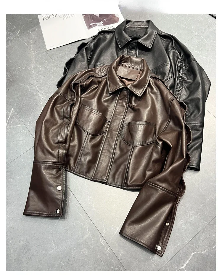 Women Black Genuine Leather Jacket Sheepskin Semi Vegetable Tanned Motorcycle Short New Design Jacket