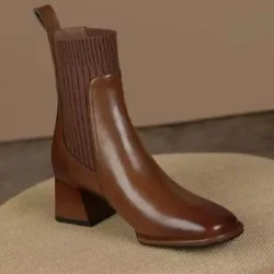 2024 New French Retro Square Toe Short Boots with Thick Heels Spring Autumn Winter High Heels Brown Versatile Fashion Boots