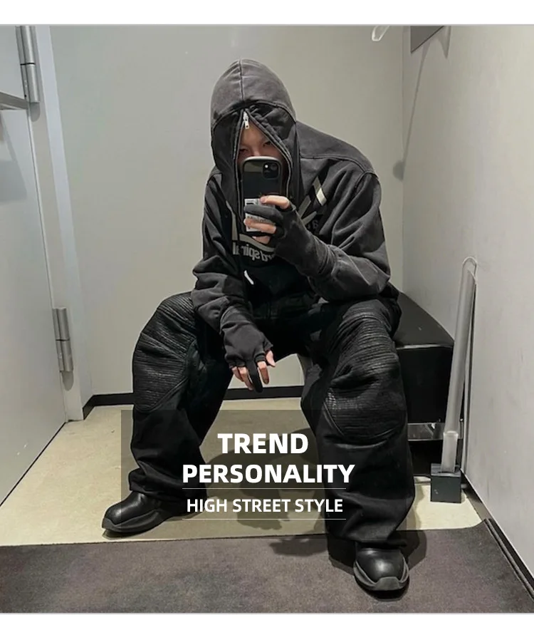 MIJKO Vintageเคลือบขี้ผึ้งสีดําขากว้างBaggy Cargoกางเกงผู้ชายStreetwear CleanfitจีบลําลองOverallsกางเกงหลวม