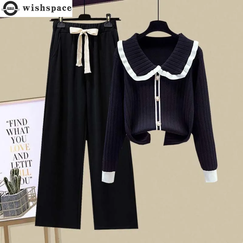 

Spring and Autumn Fashion Women's Set 2 New Korean Edition Age Reducing Knitted Shirt Casual Wide Leg Pants Two Piece Set