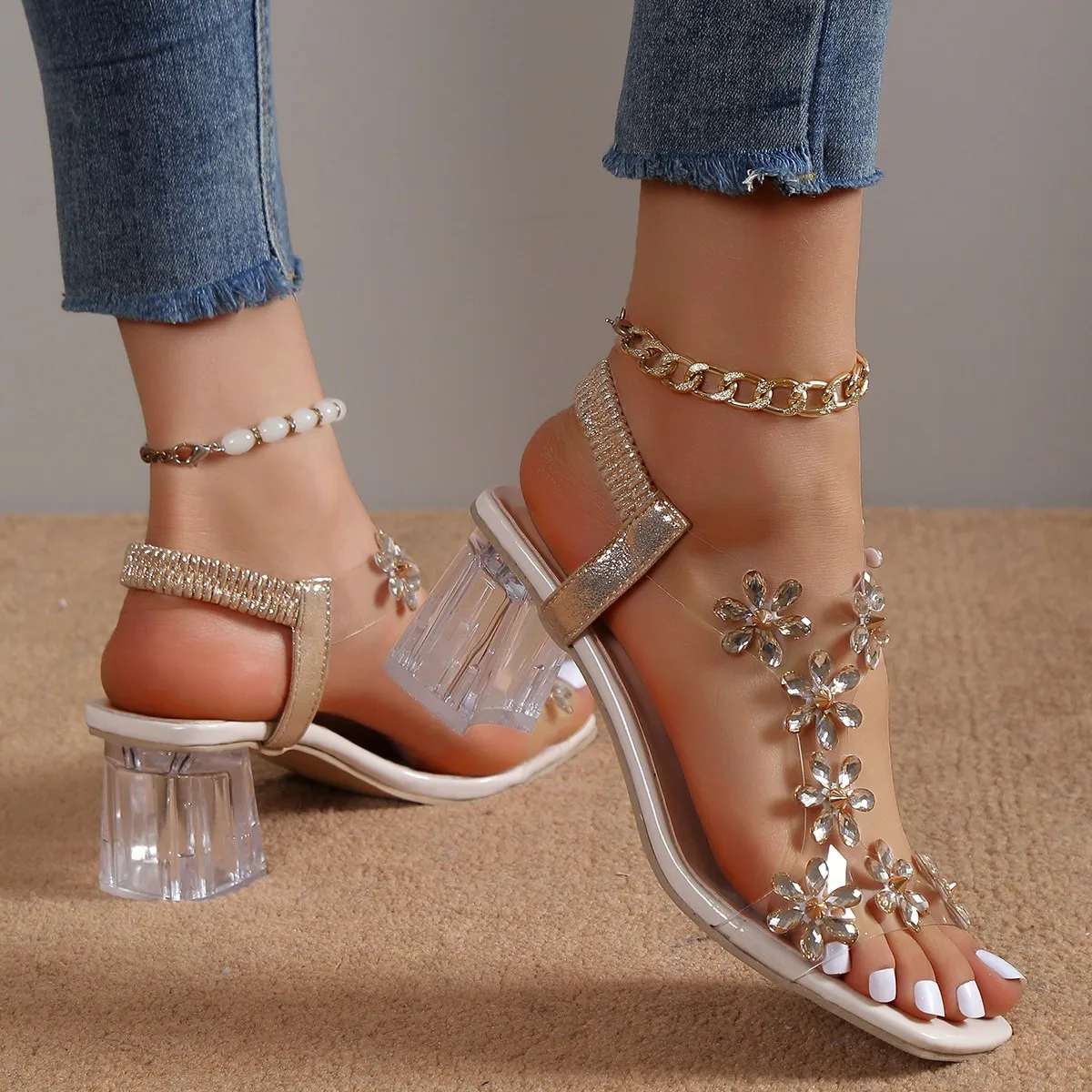 Fashion Rhinestone Stiletto Women's Shoes Transparent PVC High Heels Buckle High Sandals Women Sandals High Heels