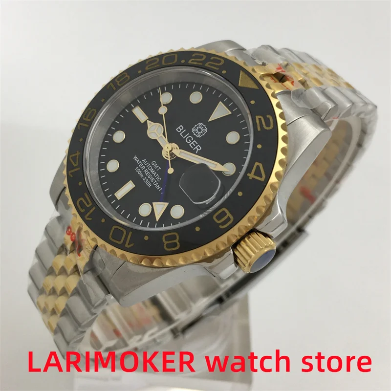 BLIGER 40mmGMT Luxury Men's Mechanical Watch NH34 movement luminous dial sapphire glass silver gold case Jubilee bracelet