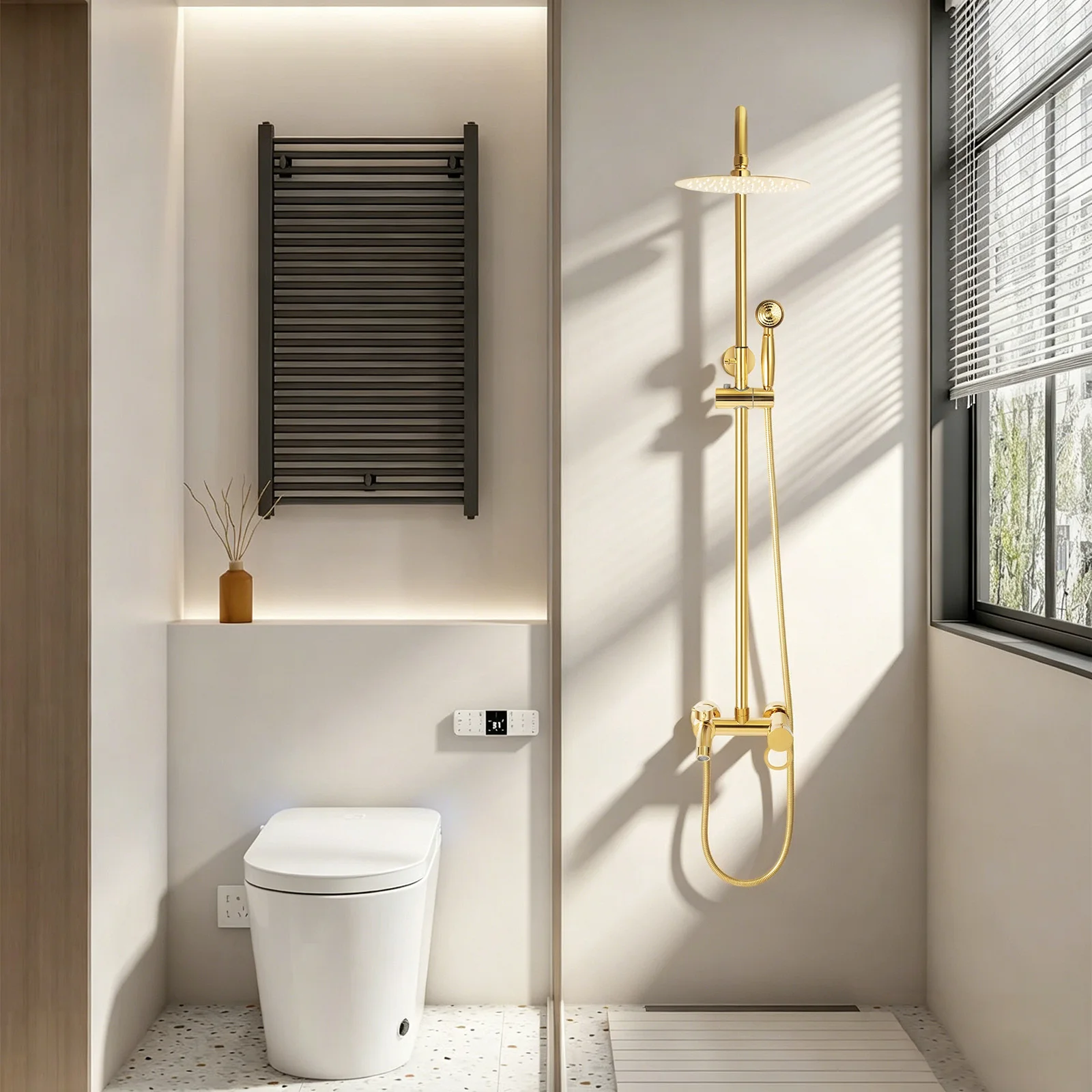 Pommeau de douche doré, pommeau de douche pluie, ensemble de douche, robinets de salle de bain de luxe 20CM, 3 modes de pulvérisation, douchette à main et douchette supérieure, mitigeur chaud/froid, débit d'eau réglable, design moderne