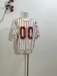 H80&S90 New Women Sport Short Sleeve Sequin Cowbody Baseball Football Paillette HipHop Shirt Tank Top Clubwear Jersey Mini Dress