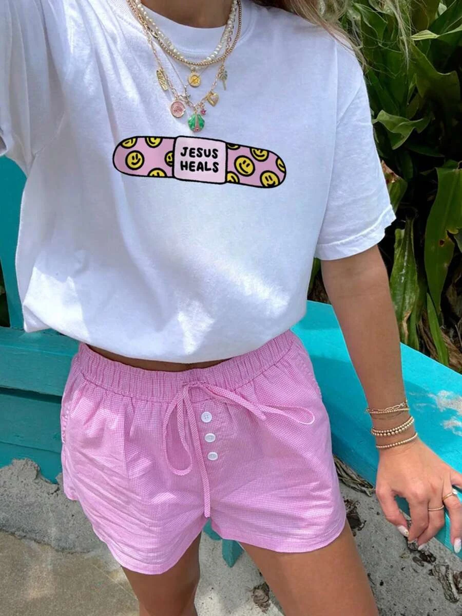 Y2k Trendy Shirt Jesus Heals Smiley Band-Aid Design Letter Print Short Sleeve Women Round Neck T-Shirt Spring Summer