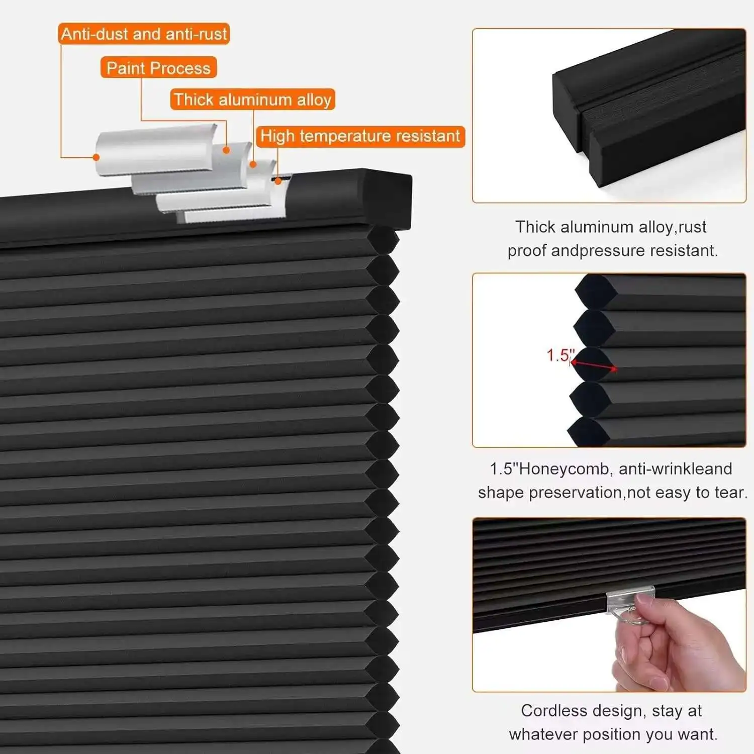 Wholesale Best Quality Aluminum Top And Bottom Rail Thermal Insulation Blackout Black Honeycomb Bds For Window