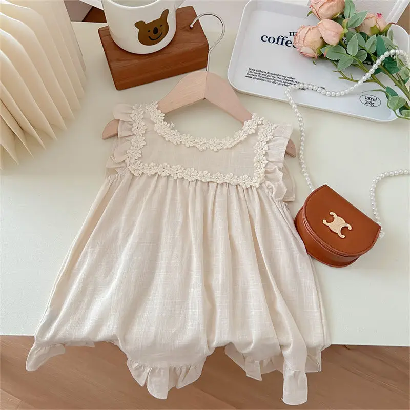 Mori Sweet Girls Clothes Lace Splicing Ruffles Summer Foreign Flavour Embroidery Pockets Beige Flying Sleeve Vest Dresses Kids