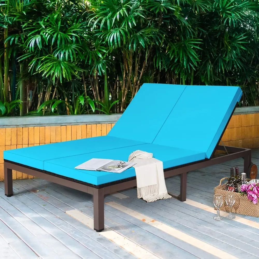 

2-Person Outdoor Lounger, with Adjustable Backrest Wheels & Cushion, Rattan Outdoor Lounger