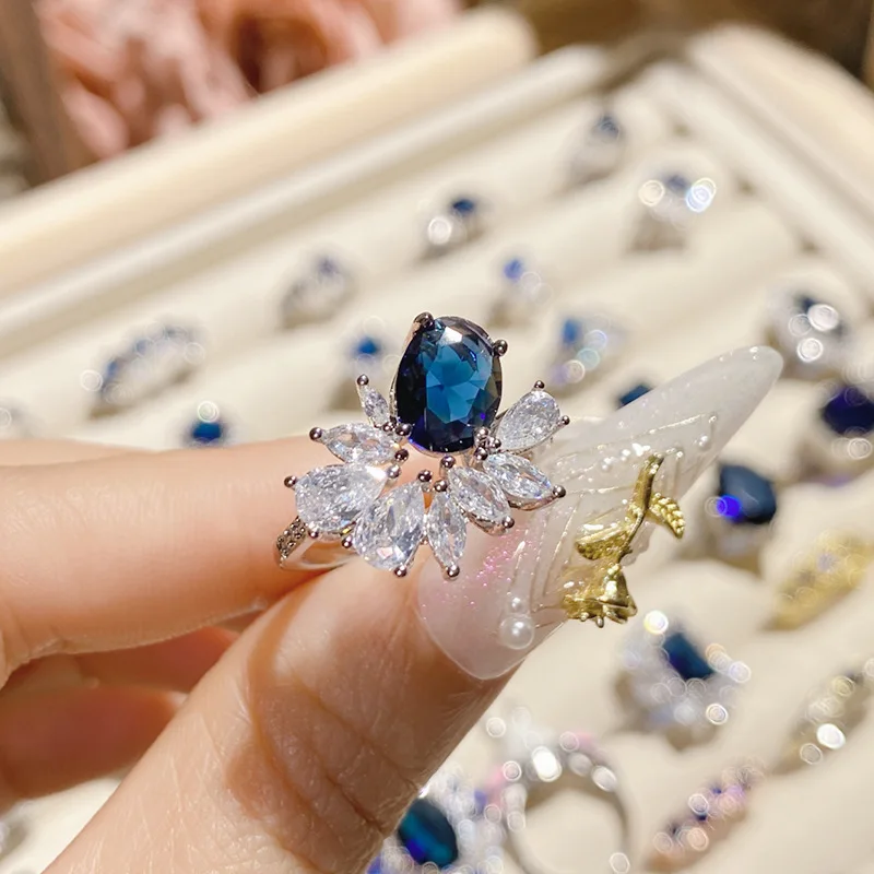 Blue Created Sapphire Rings for Women Fine Jewelry Natural Translucent Jade Ring Wedding Engagement Party Accessories