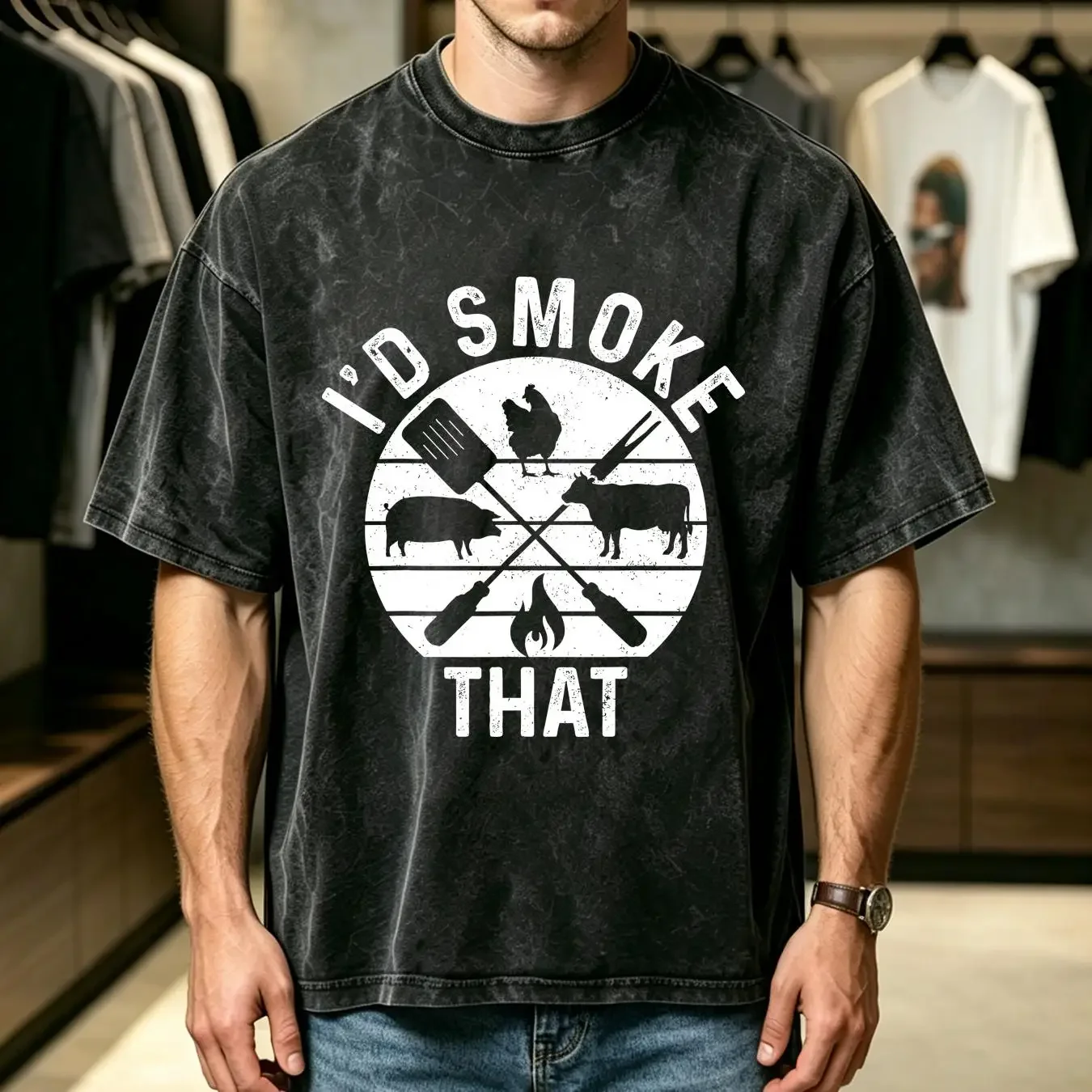 washed T Shirt Chef Butcher BBQ I'd Smoke That Pork Beef Funny Father's Day long or short sleeves vintage Washed graphic