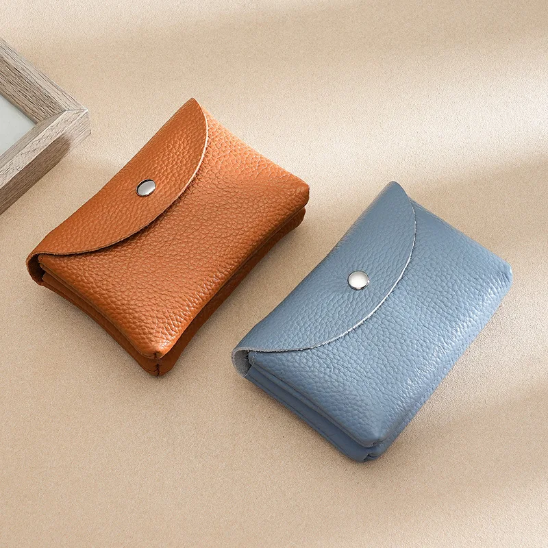 Women Genuine Leather Small Wallet Envelope Snap Button Card Holder Pebble Grain Coin Purse Short Clutch Bag Ladies Case