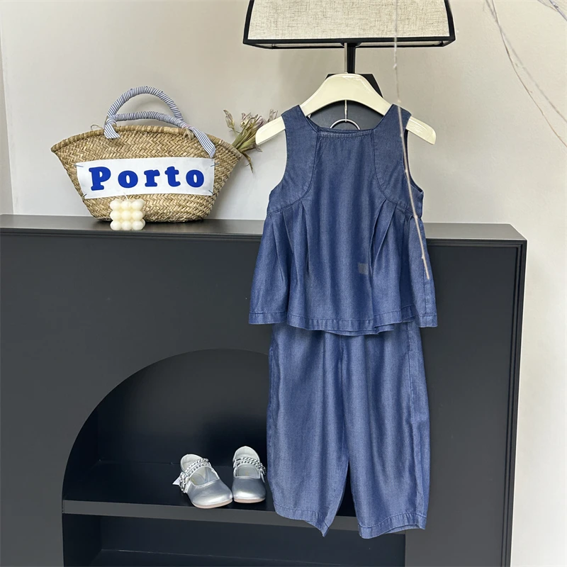 

Junior Girls Blue Denim Set 2024 Summer New Children's Casual Versatile Tank Top and Wide Leg Pants 2pcs Set 3-12 Yrs Outfits