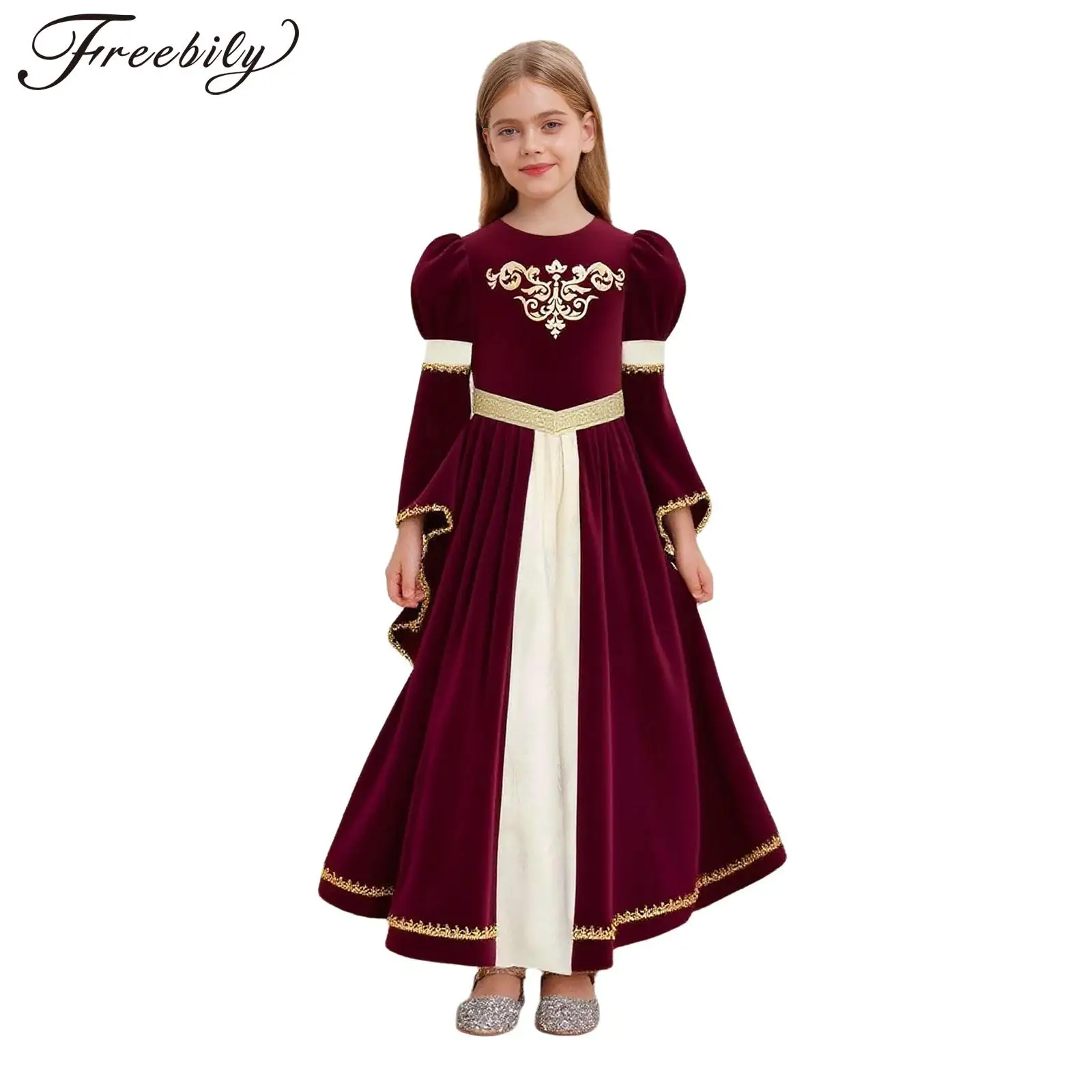 Kids Girls Halloween Medieval Princess Cosplay Costume Flare Sleeve Renaissance Victorian Vintage Maxi Dress for Theme Party