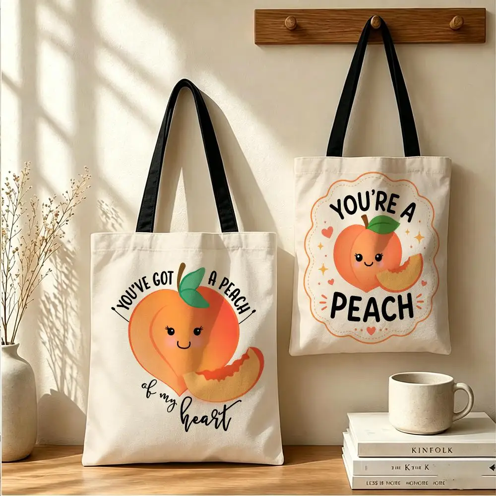 You've Got a Peach of My Heart Storage Bags Canvas Tote Bag Women Large Capacity Reusable Shopping Shoulder Bag Daily Handbag