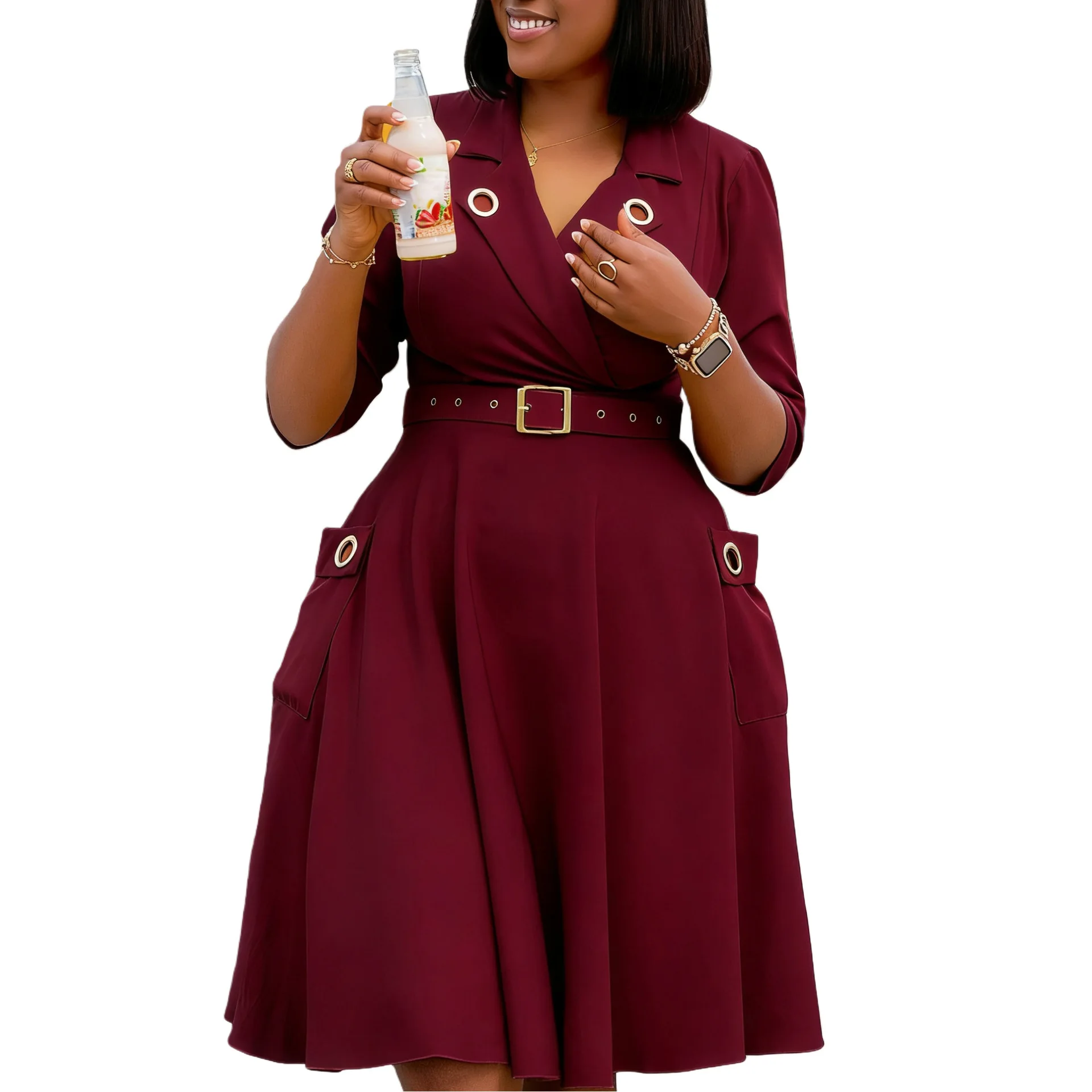 

S-3XL Plus Size African Dresses for Women Elegant 2026 Spring Autumn African Long Sleeve V-neck Polyester Midi Dresses Outfits