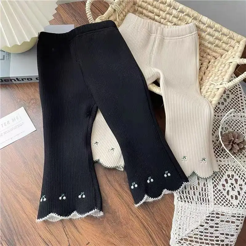 Children's Winter Solid Color Thin Knitted Girls' Open Front Pants Girls' Casual Pants Cherry Embroidered Fashion Pants