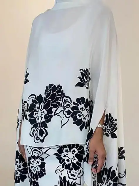 Modigirl Fashion Muslim Abaya Atasan Rok Longgar Dua Potong Set Musim Gugur Musim Semi Cetak Bunga Set Pakaian Muslim Wanita 2025 Baru