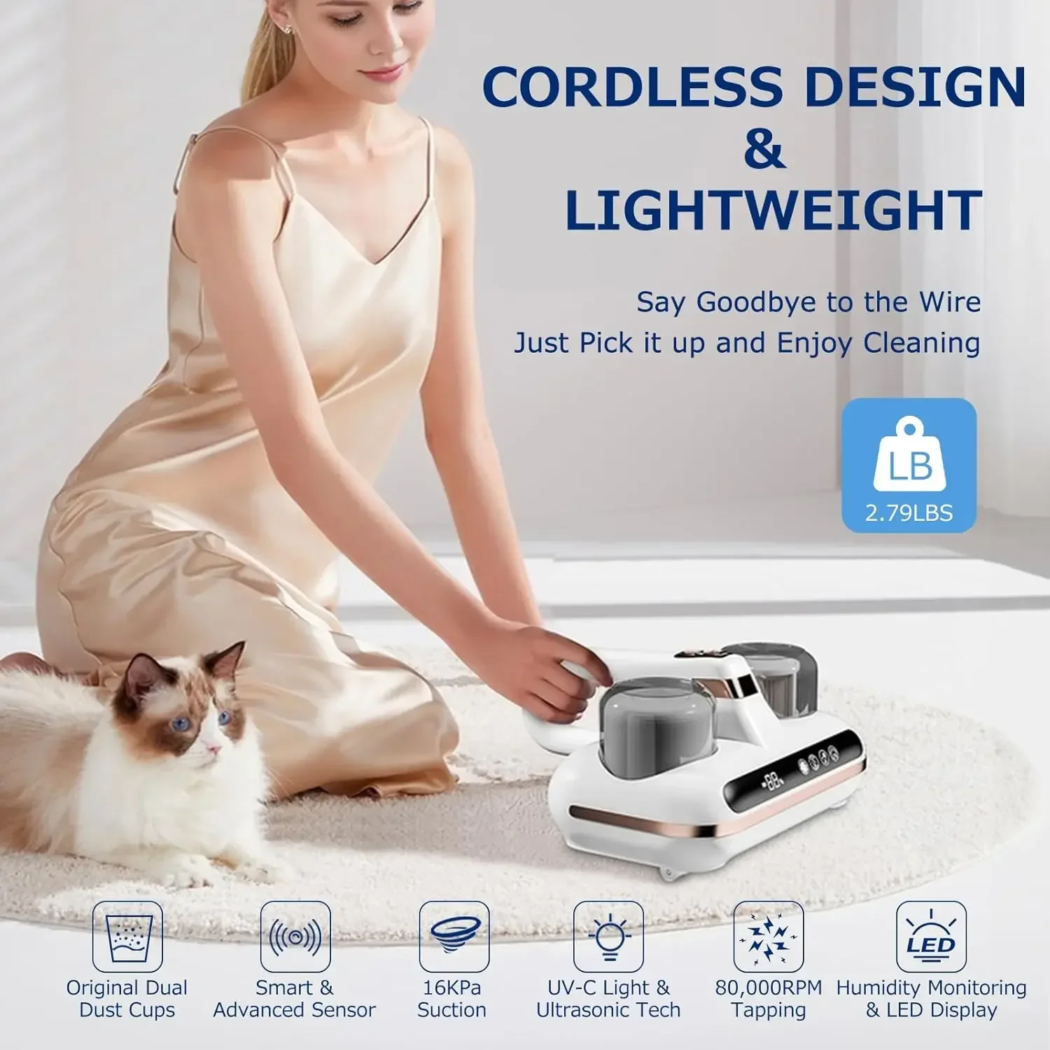 Mattress Bed Vacuum Cleaner Cordless Portable Handheld 16Kpa Powerful Suction UV-C Light & Ultrasonic for Sheet Sofa Cleaning